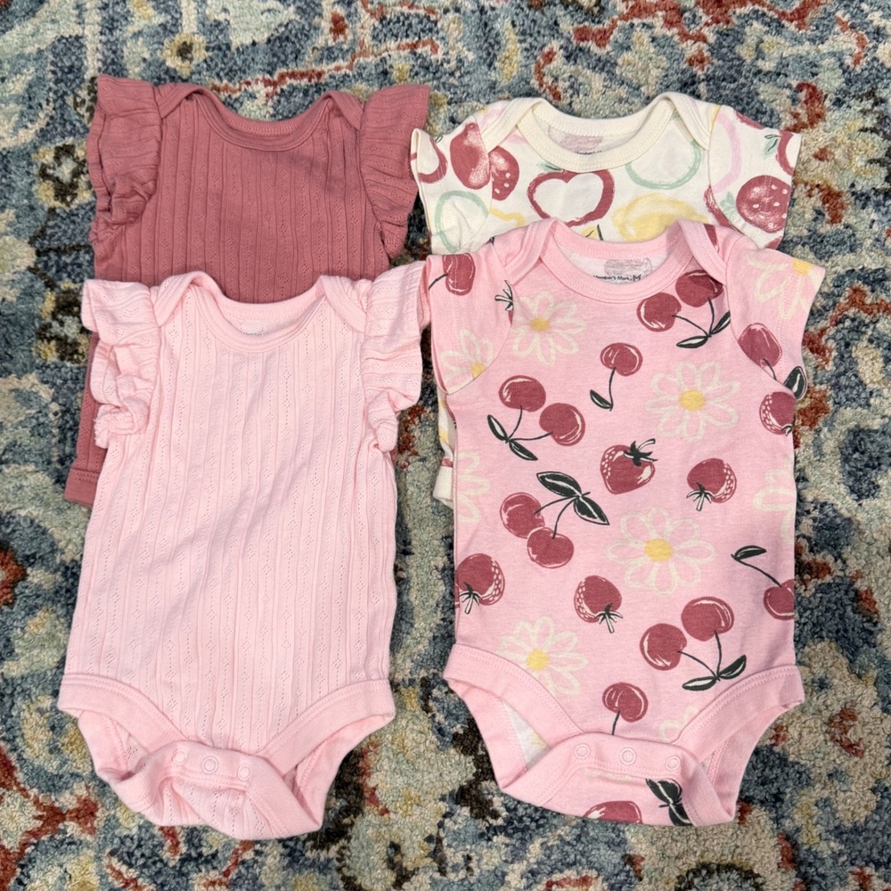 Member's Mark Bodysuit 4pk Girls NB Pink Fruit Ruffle Organic Cotton EUC